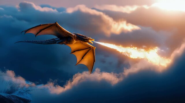 Majestic dragon flying over mountains, breathing fire into dramatic cloudy skies