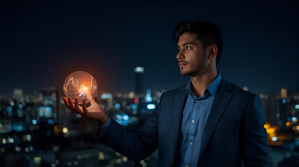Trader holding glowing binary trading graph sphere at night skyline.
