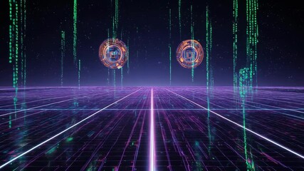 Cyberpunk digital landscape with floating coins - Powered by Adobe