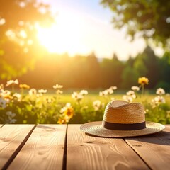 Straw hat on wooden table, sunny meadow