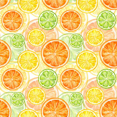 Obraz premium Orange, lemon, lime watercolor seamless pattern. Hand-drawn illustration of citrus fruits. Colorful background.