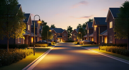 Twilight Serenity A Quiet Street Illuminated by Warm Lights in a Residential Neighborhood