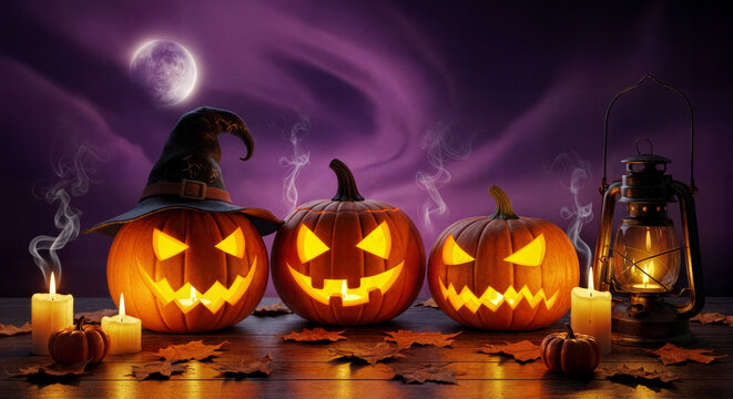 Jack-o'-lanterns illuminated with witch hats, smoking candles and vintage lanterns on a purple background with a crescent moon