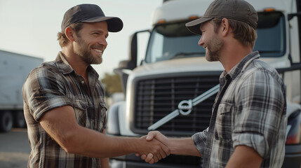 Handshake between truck drivers symbolizing agreement and teamwork in transportation logistics.