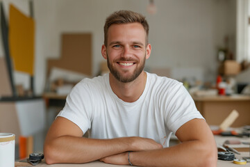 Fototapeta premium Smiling bearded man in a casual setting with a happy expression in a creative studio environment