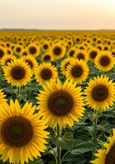 Obraz premium Sunflower Field with Bright Yellow Sunflowers Under Clear Sky