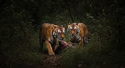 Two Bengal Tigers Walking Through Dense Forest Vegetation in Natural Habitat