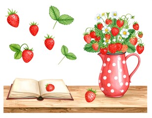 Strawberries, flowers, and a pitcher