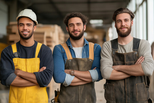 Carpentry builders in a workshop showcasing teamwork and skills with tools and craftsman expertise
