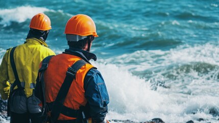 Two workers in safety gear observe turbulent ocean waves from the shore.
