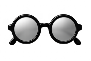 Black round sunglasses with mirrored lenses on transparent background