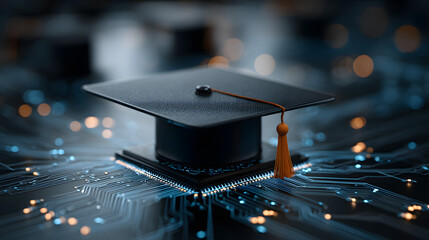 digital education concept with icons of computer, graduation cap and school board on blurred background. Digital learning online system for distance education or futuristic new AI technology