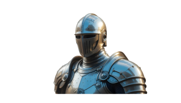 Closeup portrait of a medieval knight in full plate armor, isolated on transparent background, showcasing intricate details and a menacing helmet