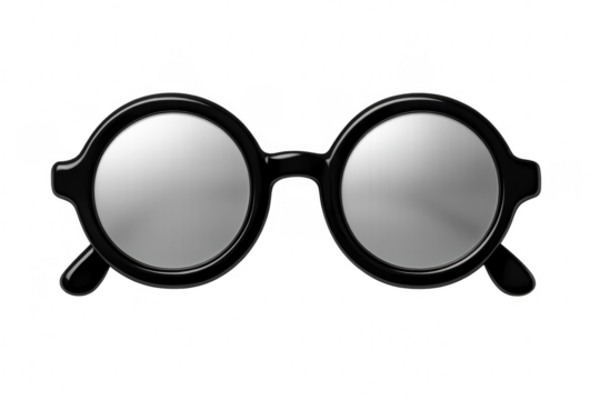 Black round sunglasses with mirrored lenses on transparent background