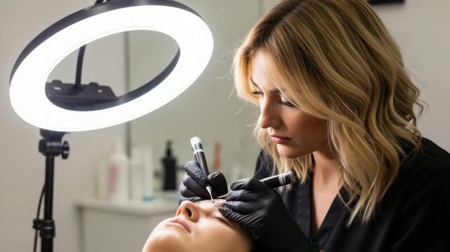 A beautician applies permanent makeup to a clients eyebrows in a salon