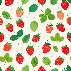 Strawberries, leaves, and flowers seamless pattern