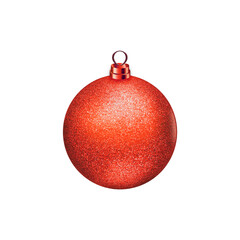 A single bright red glittery christmas bauble ornament with a hanging loop isolated on transparent background