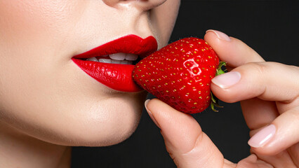 Young woman with a healthy smile eating a sweet red strawberry