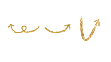 Collection of hand drawn golden glitter arrows showing different directions and movements isolated on transparent background