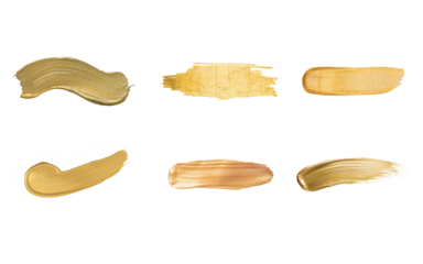 Collection of six abstract golden paint brush strokes and smudges with varying textures and shapes isolated on transparent background