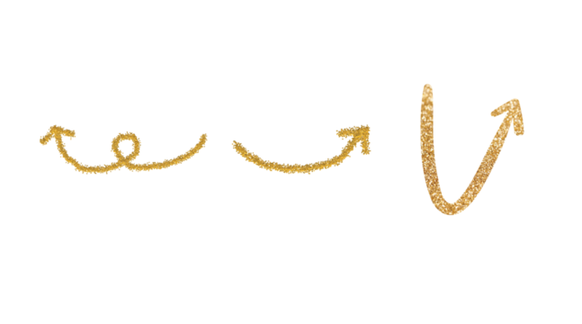 Collection of hand drawn golden glitter arrows showing different directions and movements isolated on transparent background