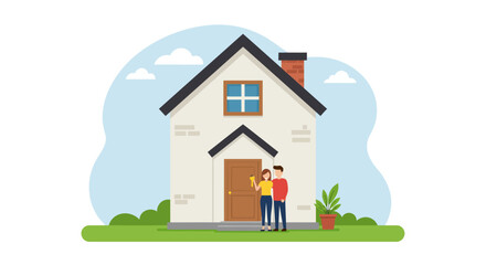 A symbolic Flat Design illustration depicting the joyful moment of receiving or presenting new house keys, representing the achievement of simple home ownership. This minimalist image conveys a sense 