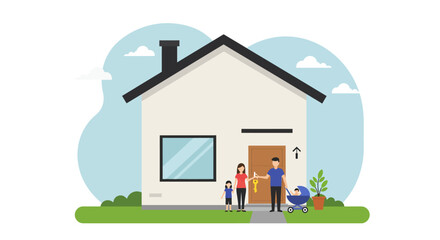A symbolic Flat Design illustration depicting the joyful moment of receiving or presenting new house keys, representing the achievement of simple home ownership. This minimalist image conveys a sense 