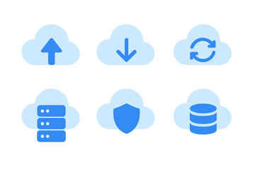Cloud computing icons represent file transfer, data security, and server management in a modern digital environment