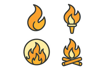 Bright and colorful flame symbols representing fire in various styles and forms