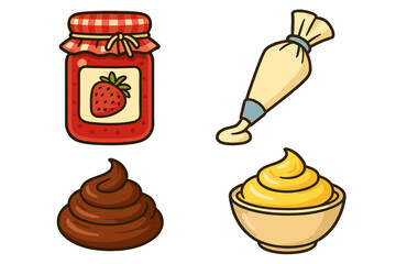 Different types of spreads and toppings for desserts showcased together in a colorful layout