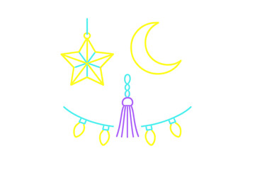 Colorful neon decorations creating a festive atmosphere with stars, moon, and string lights for a joyful celebration