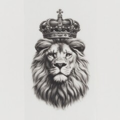 A regal lion's head, adorned with a crown, in a sophisticated grayscale design.