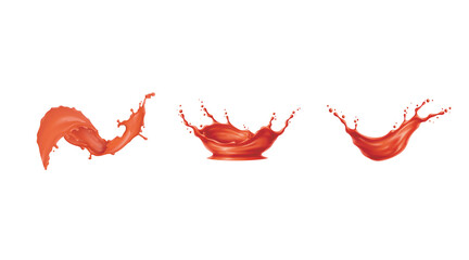 Three dynamic splashes of vibrant orange liquid frozen in motion against a black background isolated on transparent background