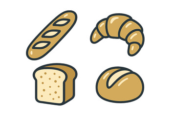 Various types of bread displayed, showcasing a baguette, croissant, sliced bread, and round loaf in a simple layout