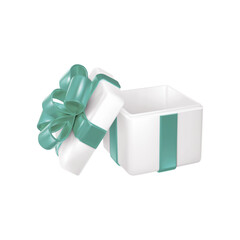 Elegant white gift box with a beautiful teal ribbon and bow open and revealing its empty interior isolated on transparent background