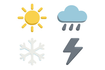 Weather symbols represent sun, rain, snow, and lightning in a playful design highlighting different weather conditions