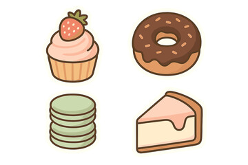 Delicious dessert assortment featuring cupcake, donut, macarons, and cheesecake on a light background