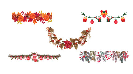 Collection of festive autumn garlands and decorative lights featuring pumpkins and fall foliage isolated on transparent background