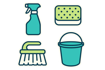 Cleaning supplies including a spray bottle, sponge, broom, and bucket ready for use in a tidy home environment