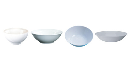 Four white ceramic bowls of varying sizes and shapes arranged in a row on a transparent background isolated on transparent background