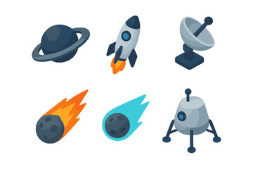 Colorful space icons depicting planets, rockets, satellites, and comets in a playful and modern style © icon_art