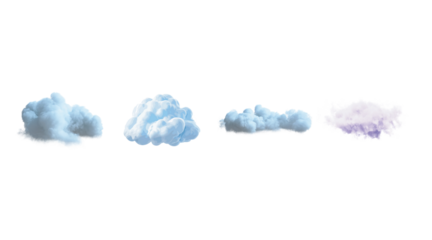 Four distinct fluffy white and light blue clouds of varying sizes and shapes isolated on transparent background