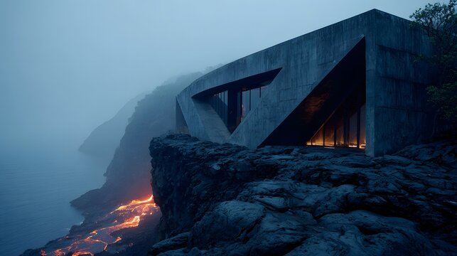 Dramatic modern concrete villa perched precariously on a cliff overlooking a misty ocean with glowing lava flowing below.