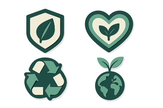Four eco-friendly symbols representing sustainability and environmental awareness on a clean background