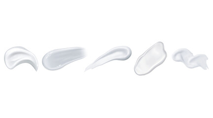 Five distinct white cosmetic cream or lotion swatches with varied textures and shapes isolated on transparent background