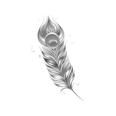 Elegant silver peacock feather with intricate swirling details and a luminous pearl at its center isolated on transparent background