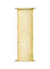 Ancient parchment scroll with frayed edges and wooden rollers a historical document or old manuscript isolated on transparent background