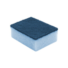 A single rectangular cleaning sponge with a blue abrasive scrubbing side and a white foam side isolated on transparent background