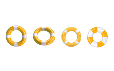 Four bright yellow and white striped life preserver rings arranged in a row on a clean isolated on transparent background