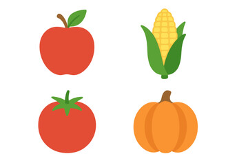 Colorful display of fruits and vegetables with apple, corn, tomato, and pumpkin in a bright design